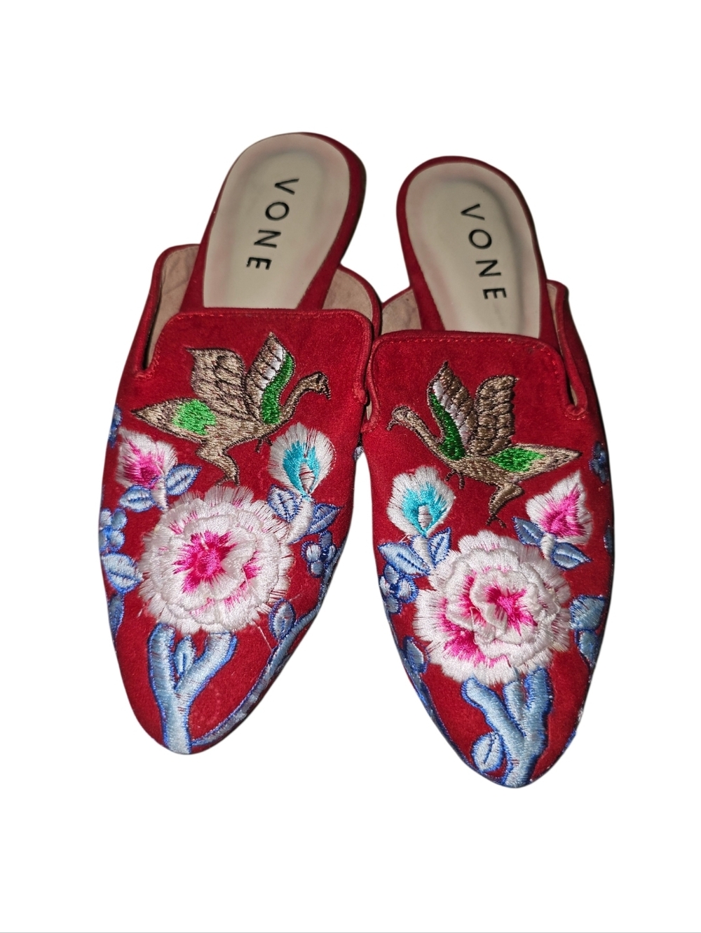 💰Vone Red Embroidered Floral Slip-On Mules